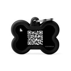 Hushtag Plus QR Code Black Aluminum Bone ID Tag con Black Rubber