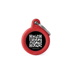 Hushtag Plus QR Code Small Black Aluminum Circle ID Tag with Red Rubber