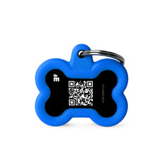Hushtag Plus QR Code Small Black Aluminum Bone ID Tag with Blue Rubber