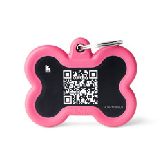 Hushtag Plus QR Code Black Aluminum Bone ID Tag with Pink Rubber