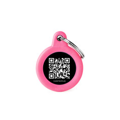 Hushtag Plus QR Code Small Black Aluminum Circle ID Tag with Pink Rubber