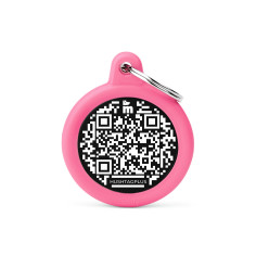 Hushtag Plus QR Code Black Aluminum Circle ID Tag with Pink Rubber