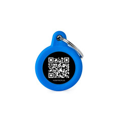 Hushtag Plus QR Code Small Black Aluminum Circle ID Tag with Blue Rubber