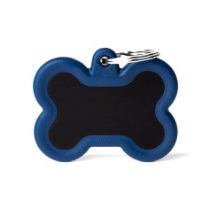 Hushtag Big Black Aluminum Bone ID Tag with Dark Blue Rubber