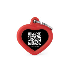Hushtag Plus QR Code Small Black Aluminum Heart ID Tag with Red Rubber