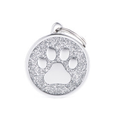 Shine Big Grey Glitter Paw Satin ID Tag