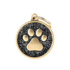 Shine Big Black Glitter Paw Satin Gold ID Tag