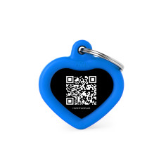 Hushtag Plus QR Code Small Black Aluminum Heart ID Tag with Blue Rubber