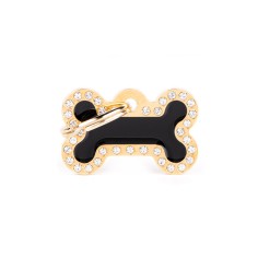 Glam Small Bone Black and Gold ID Tag with Rhinestones