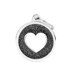 Shine Big Black Glitter Circle White Heart ID Tag