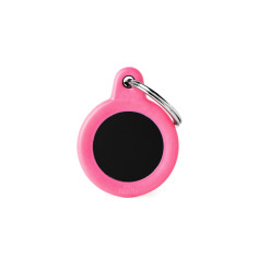 Hushtag Pequeño Black Aluminum Circle ID Tag con Pink Rubber
