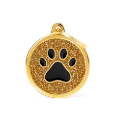 Shine Big Gold Glitter Circle Black Paw ID Tag