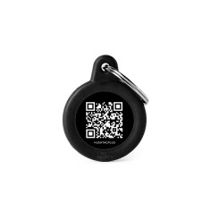Hushtag Plus QR Code Small Black Aluminum Circle ID Tag with Black Rubber
