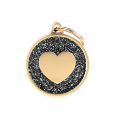 Shine Big Black Glitter Heart Satin Gold ID Tag