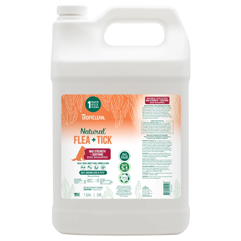 TropiClean Natural* Flea + Tick Maximum Strength + Soothing Shampoo for Dogs, 1 gal