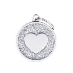 Shine Big Grey Glitter Heart Satin ID Tag