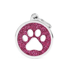 Shine Big Pink Glitter Circle White Paw ID Tag