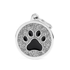 Shine Big Grey Glitter Circle Black Paw ID Tag