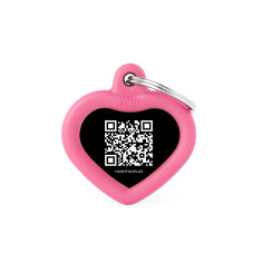 Hushtag Plus QR Code Small Black Aluminum Heart ID Tag with Pink Rubber