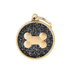 Shine Big Black Glitter Bone Satin Gold ID Tag