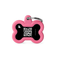 Hushtag Plus QR Code Small Black Aluminum Bone ID Tag with Pink Rubber