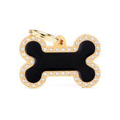 Glam Big Bone Black and Gold ID Tag with Rhinestones