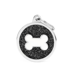 Shine Big Black Glitter Circle White Bone ID Tag