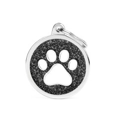 Shine Big Black Glitter Circle White Paw ID Tag